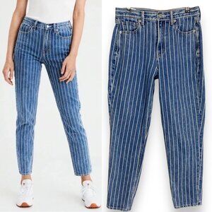 American Eagle Mom Jeans Striped Women Size 6 Tapered Ankle Leg Blue White Denim